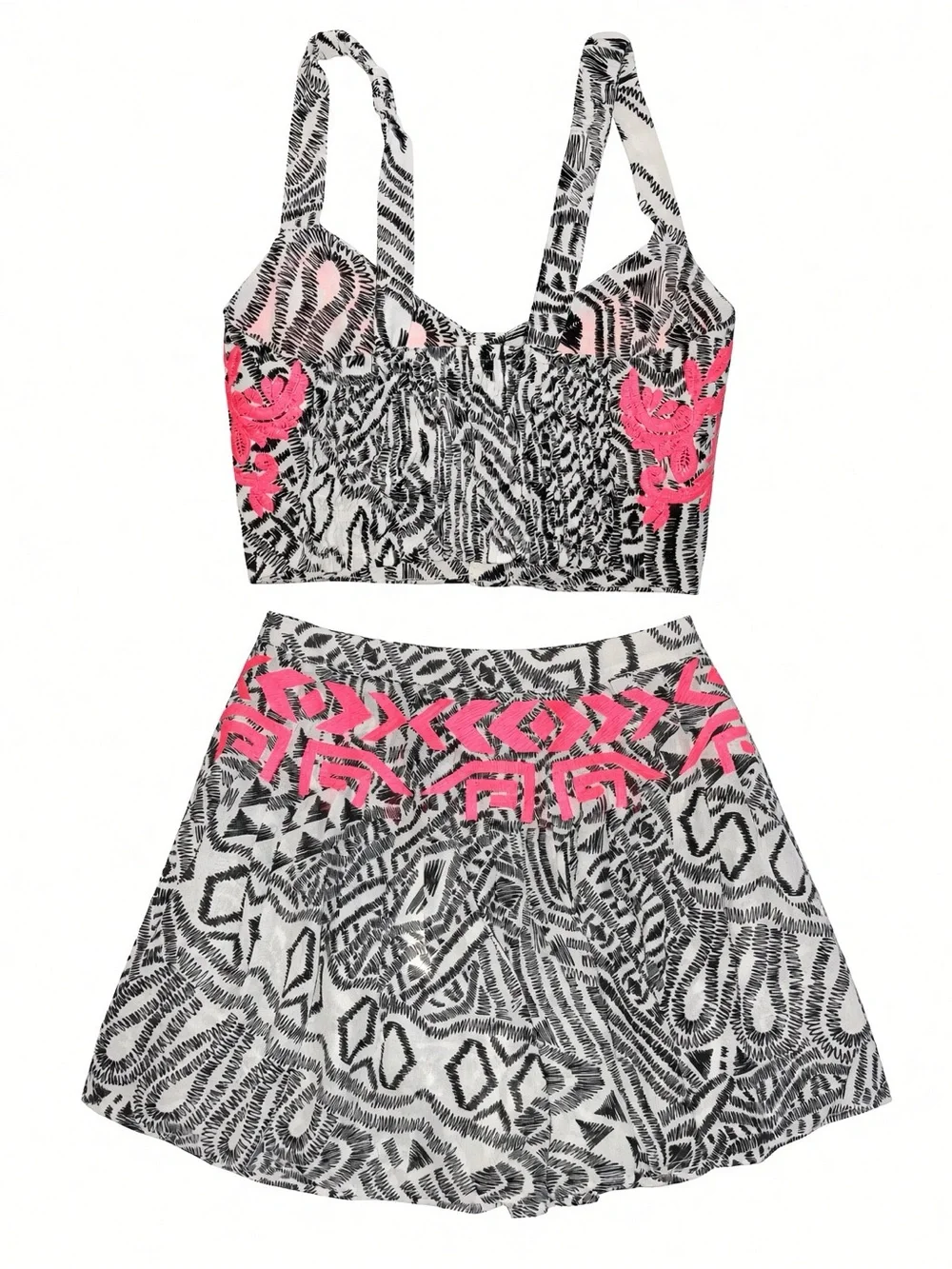 Millau Black+White Print 2-PC Crop Top+Skirt Set W/Hot Pink Embroidery-XS💖NWT